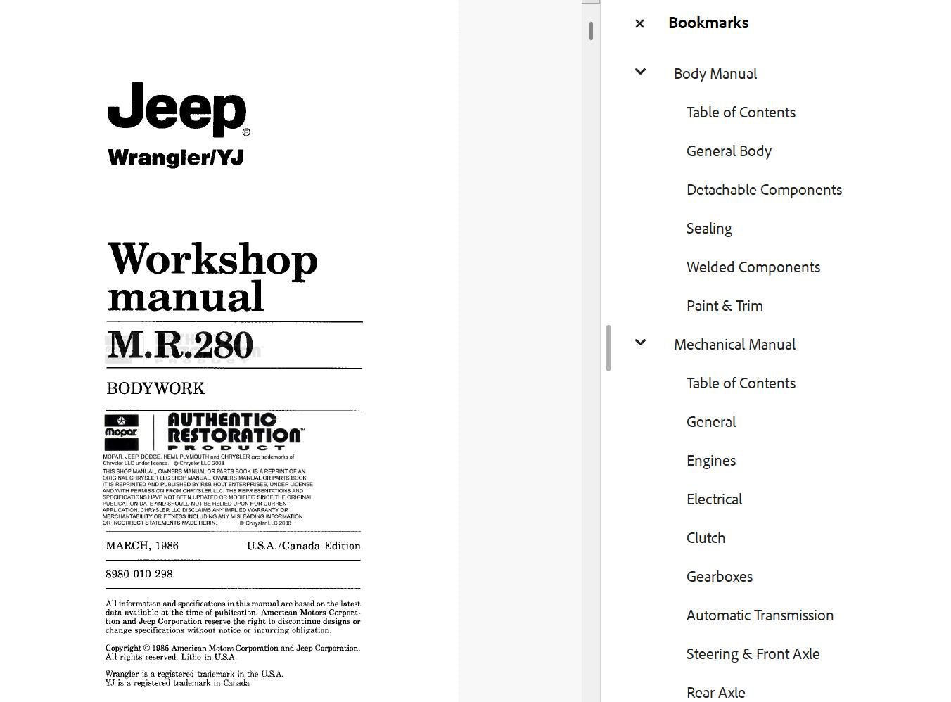 Jeep Wrangler YJ 1987-1991 Service Workshop Manual